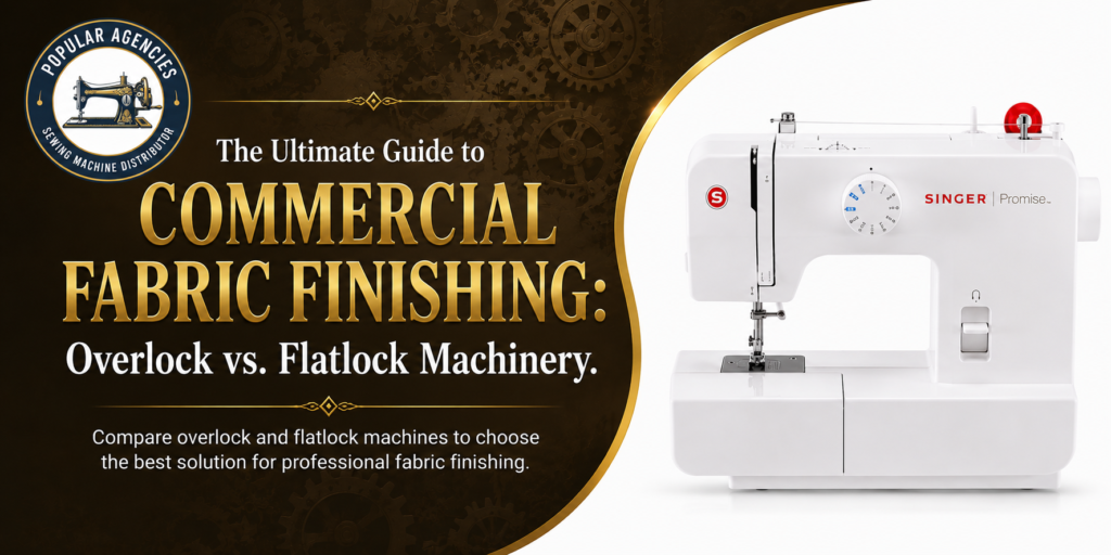 Commercial fabric finishing guide banner featuring the Popular Agencies logo and a Singer Promise sewing machine comparing overlock vs. flatlock machinery.