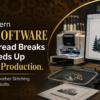 Promotional banner showing the Popular Agencies logo on the top left, a headline about modern embroidery digitizing software, and a computer displaying embroidery digitizing software with a complex embroidery design alongside an embroidery machine and thread cones.