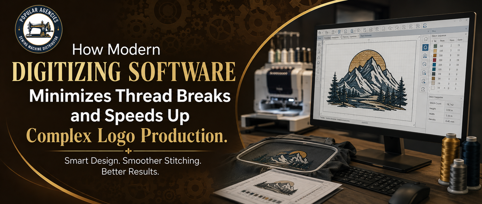 Promotional banner showing the Popular Agencies logo on the top left, a headline about modern embroidery digitizing software, and a computer displaying embroidery digitizing software with a complex embroidery design alongside an embroidery machine and thread cones.