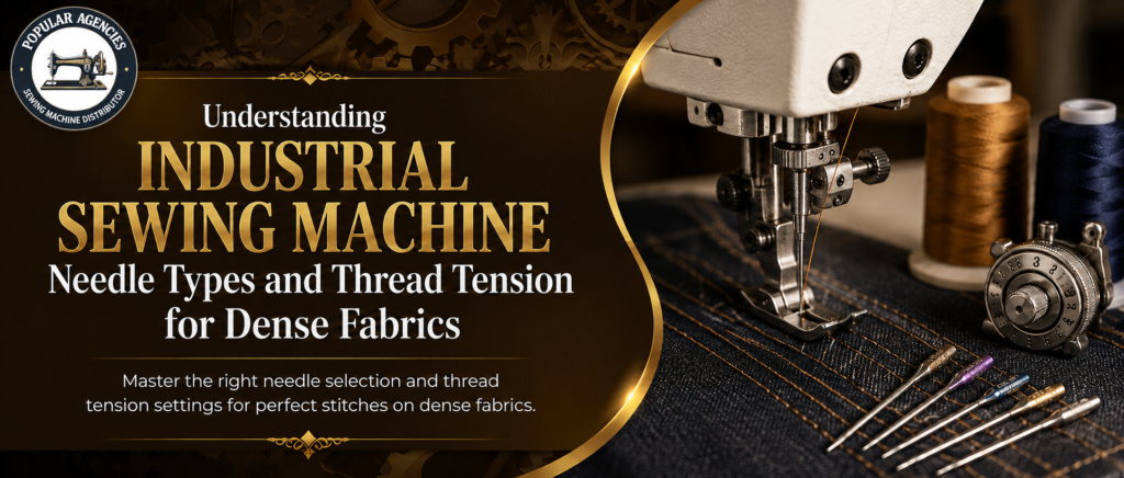 Industrial sewing machine needle types and thread tension guide banner featuring the Popular Agencies logo and a close-up of an industrial sewing machine.
