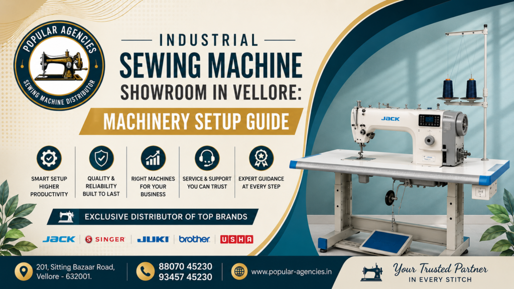 Industrial sewing machine showroom in Vellore featuring a JACK industrial sewing machine and Popular Agencies branding.