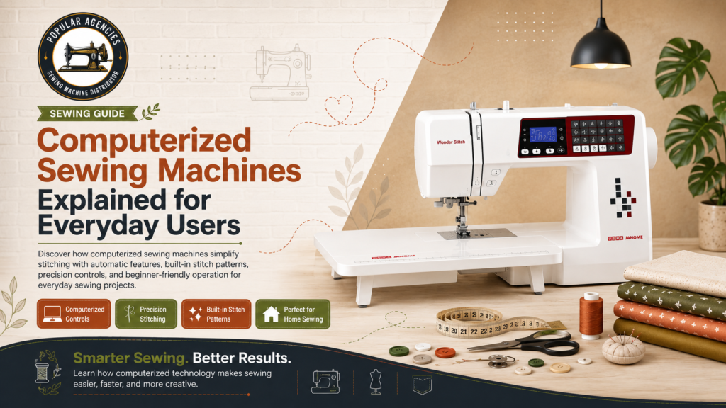 Computerized sewing machine with digital controls featured in a modern blog banner explaining computerized sewing machines for everyday users.
