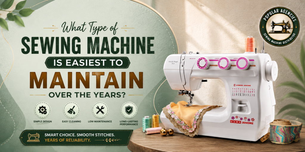 Easy-to-maintain sewing machine blog banner featuring a mechanical sewing machine with maintenance and reliability theme
