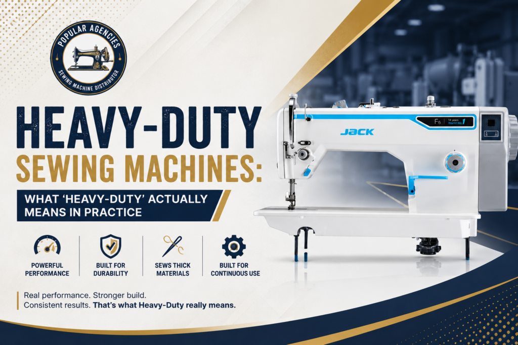 Heavy-duty JACK industrial sewing machine blog banner explaining what heavy-duty sewing machines mean in practice with Popular Agencies branding.