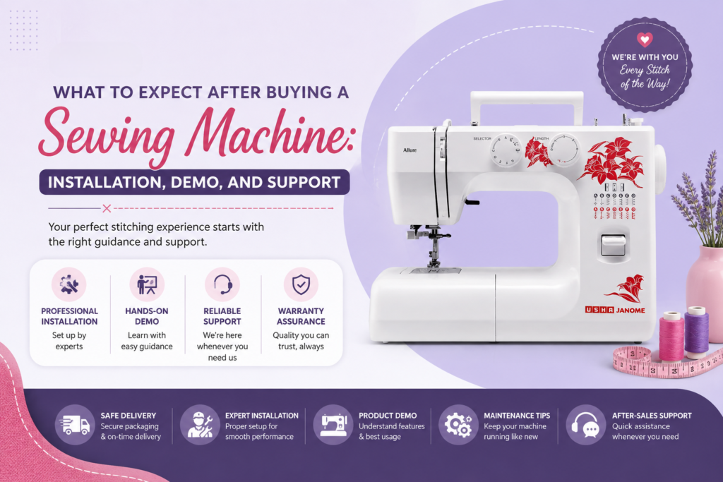 Blog banner featuring the Usha Janome Allure sewing machine with information about installation, product demonstration, warranty, maintenance tips, and after-sales support after purchasing a sewing machine.