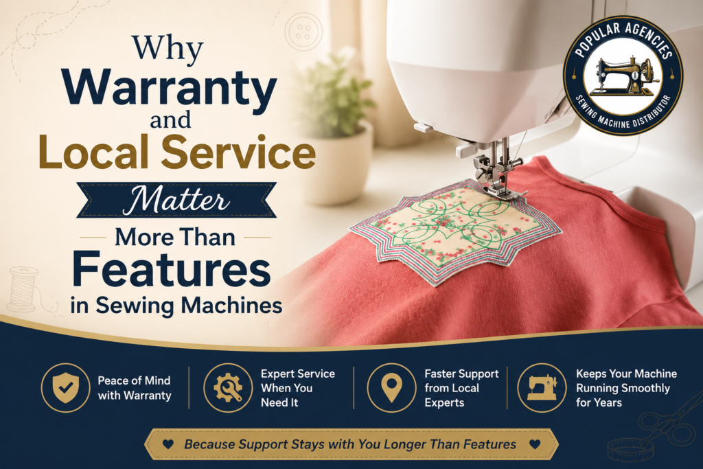 Premium blog banner showing a sewing machine embroidering a fabric design with the headline "Why Warranty and Local Service Matter More Than Features in Sewing Machines" and Popular Agencies branding.