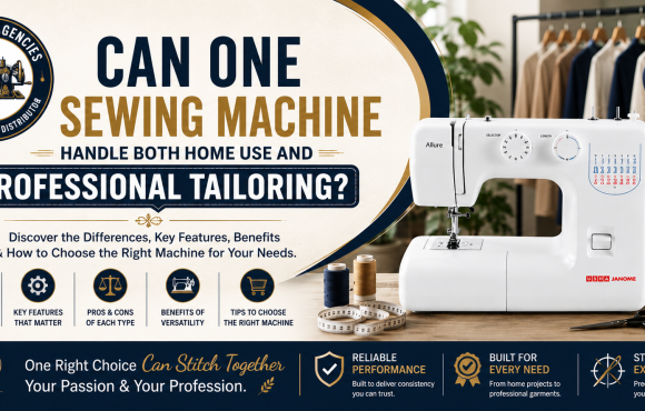 Can One Sewing Machine Handle Both Home Use and Professional Tailoring? Website banner featuring a domestic sewing machine, tailoring mannequin, sewing accessories, and Popular Agencies logo.