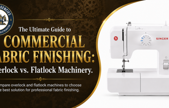 Commercial fabric finishing guide banner featuring the Popular Agencies logo and a Singer Promise sewing machine comparing overlock vs. flatlock machinery.