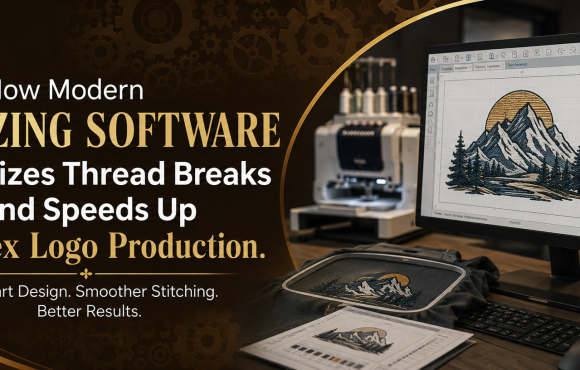 Promotional banner showing the Popular Agencies logo on the top left, a headline about modern embroidery digitizing software, and a computer displaying embroidery digitizing software with a complex embroidery design alongside an embroidery machine and thread cones.