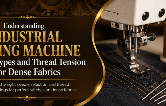 Industrial sewing machine needle types and thread tension guide banner featuring the Popular Agencies logo and a close-up of an industrial sewing machine.