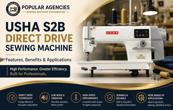 Usha S2B Direct Drive Sewing Machine showcasing its energy-efficient direct drive motor and industrial lockstitch design for garment manufacturing and tailoring applications.