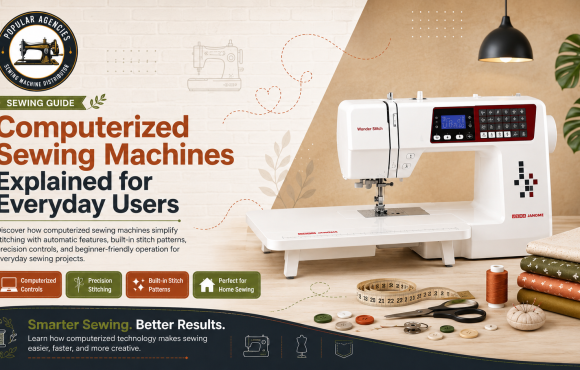 Computerized sewing machine with digital controls featured in a modern blog banner explaining computerized sewing machines for everyday users.
