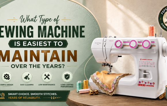 Easy-to-maintain sewing machine blog banner featuring a mechanical sewing machine with maintenance and reliability theme