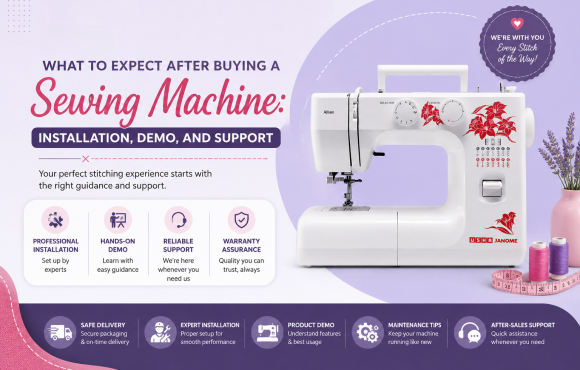 Blog banner featuring the Usha Janome Allure sewing machine with information about installation, product demonstration, warranty, maintenance tips, and after-sales support after purchasing a sewing machine.