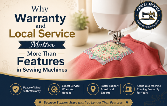 Premium blog banner showing a sewing machine embroidering a fabric design with the headline "Why Warranty and Local Service Matter More Than Features in Sewing Machines" and Popular Agencies branding.